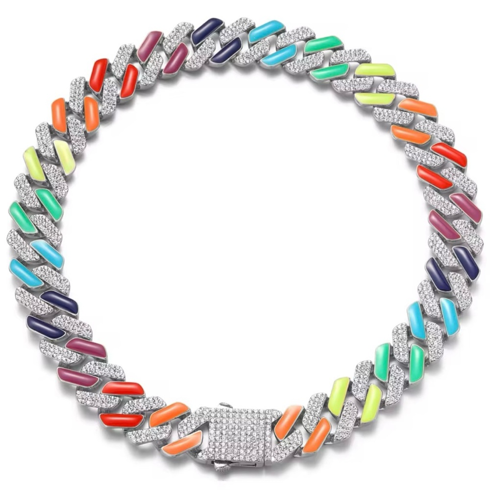Silver Colorful Rainbow Bling Cuban Link Chain Pride Jewelry